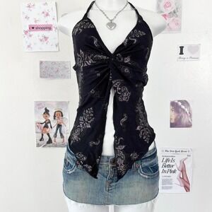 Y2K babydoll tank Black Paisley Glitter Halter Handkerchief Top